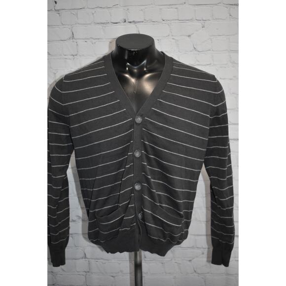 J Crew Cardigan Sweater Mens Size Large Gray Striped Cotton Front Pockets - Picture 1 of 6